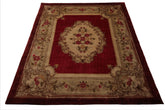 8x10 Crimson, Green, Tan Color Hand Knotted French Aubusson Savonnerie Wool Traditional Oriental Rug